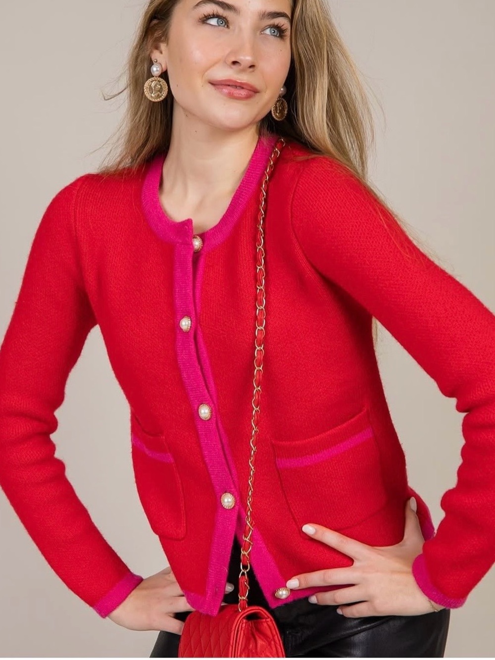Fate Red & Pink Pearl Button Cardigan Sweater Size Large